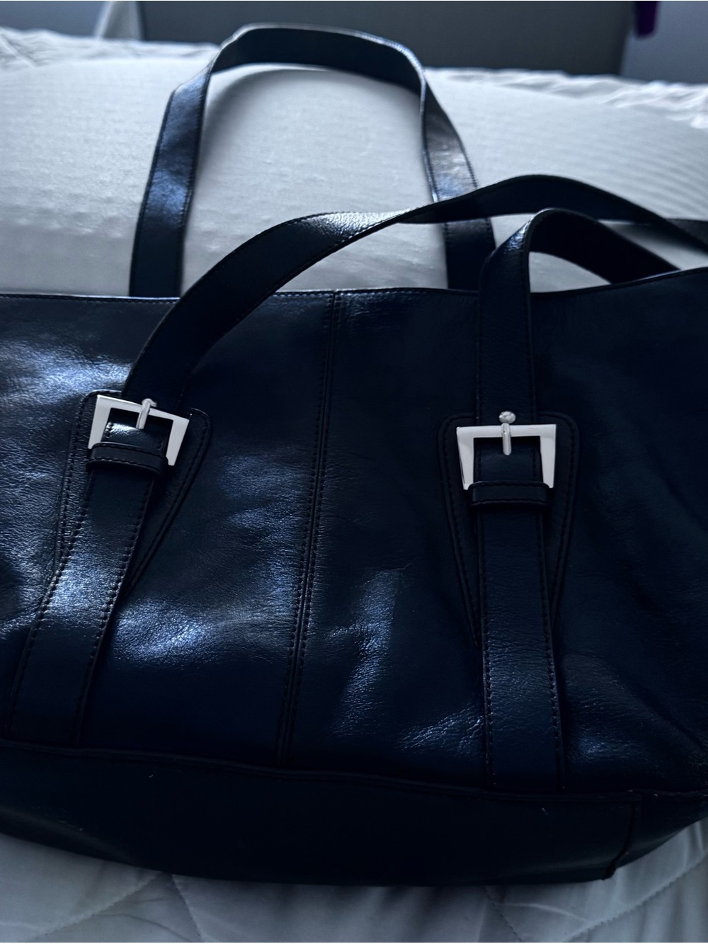 Etienne Aigner Navy Leather Satchel with Silver Buckle Accents